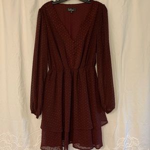 Lulu’s Brilliant Love Burgundy Swiss Dot Long Sleeve Skater Dress